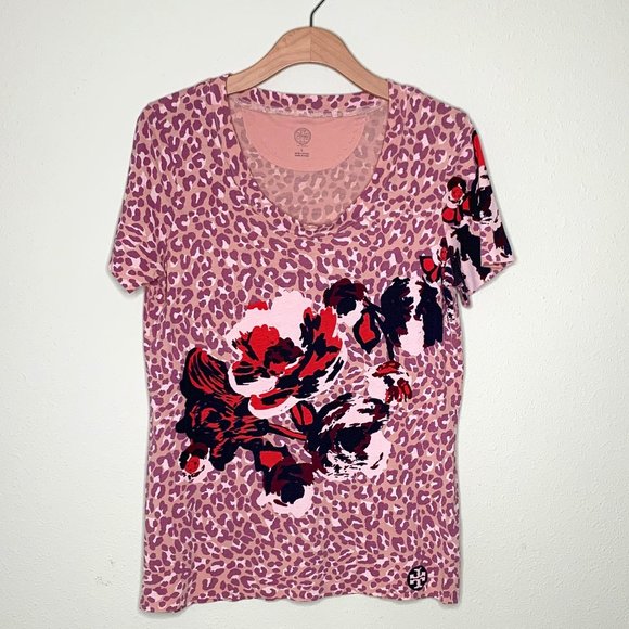 Tory Burch Tops - Tory Burch Pink Floral & Leopard Tee Size L